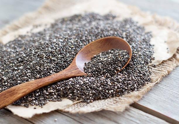 Chia seeds magnified on spoon